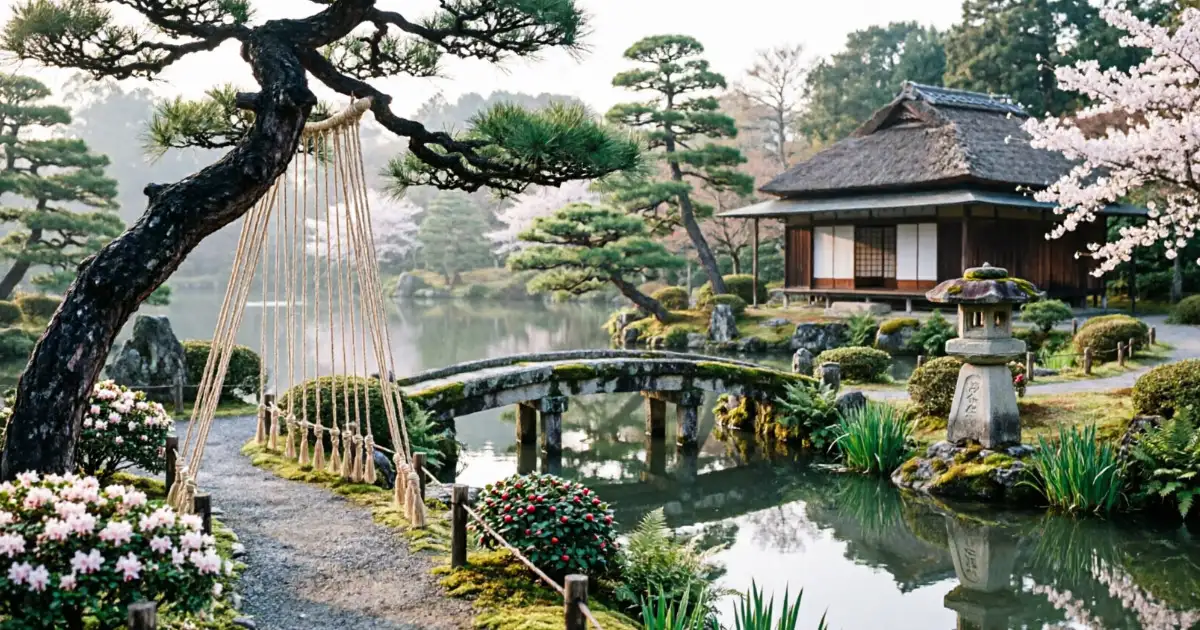 Jardín japonés Kenrokuen en Kanazawa con estanque, puente y árboles cuidadosamente podados