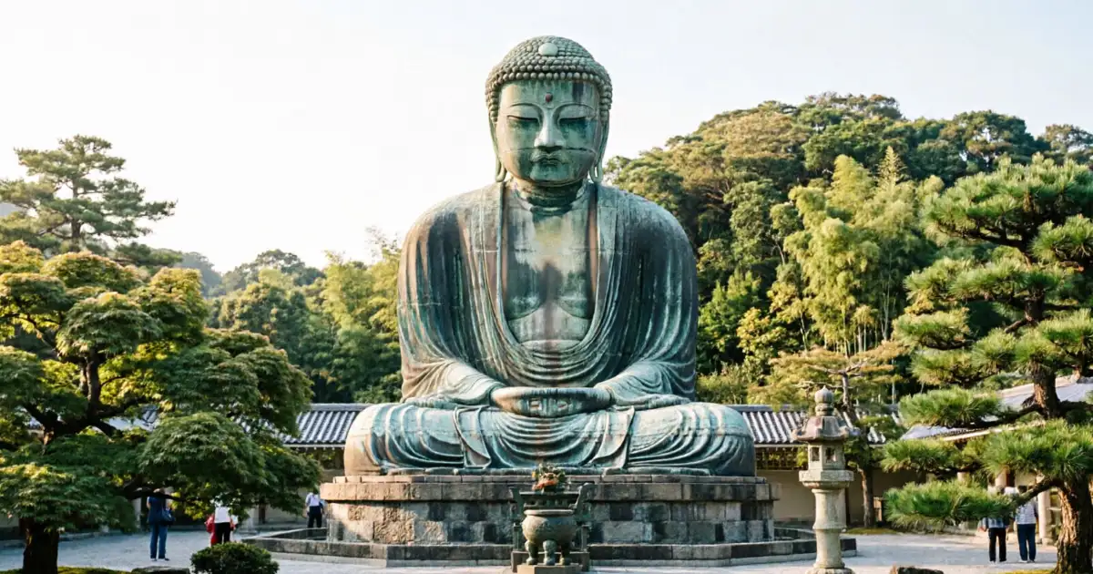 Gran Buda de Kamakura rodeado de vegetación