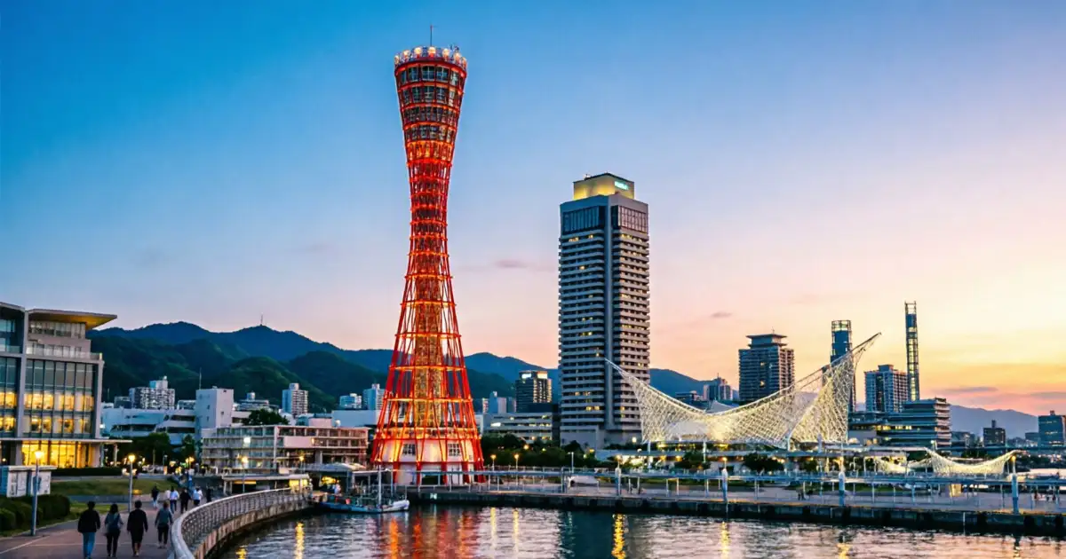 Puerto de Kobe con edificios y vistas al mar