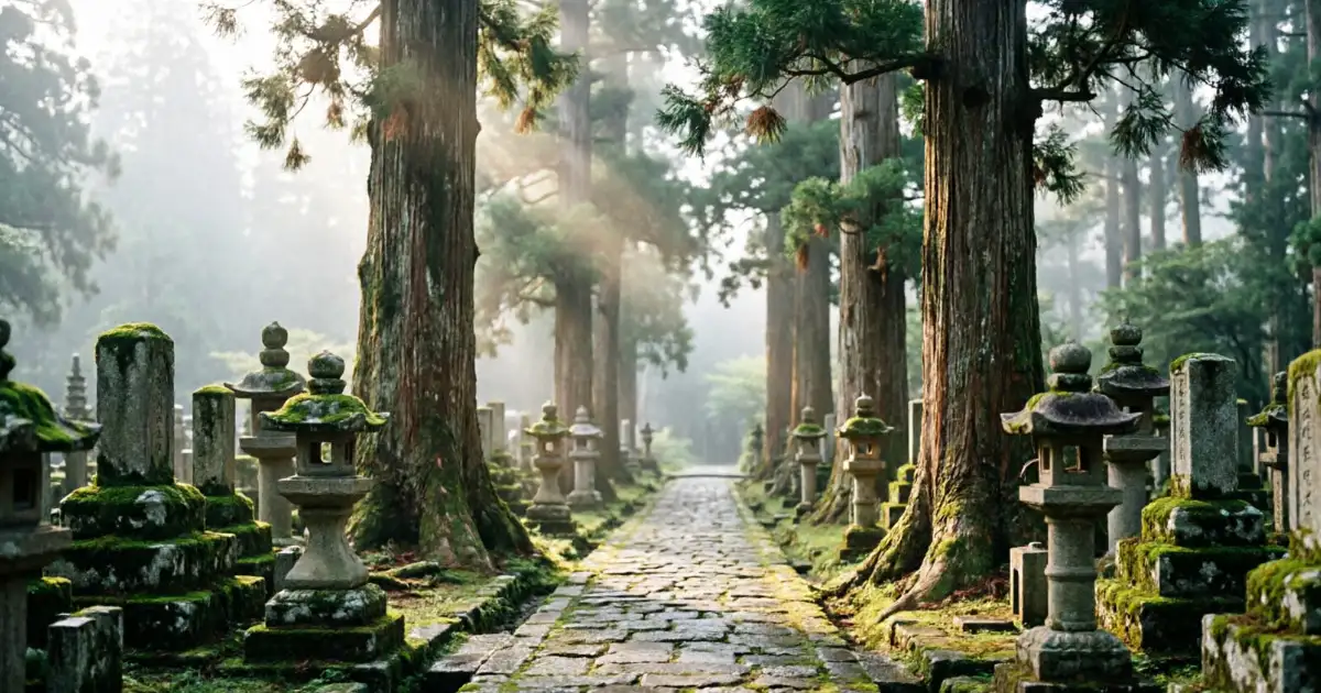 Templo budista y entorno montañoso de Koyasan en Japón