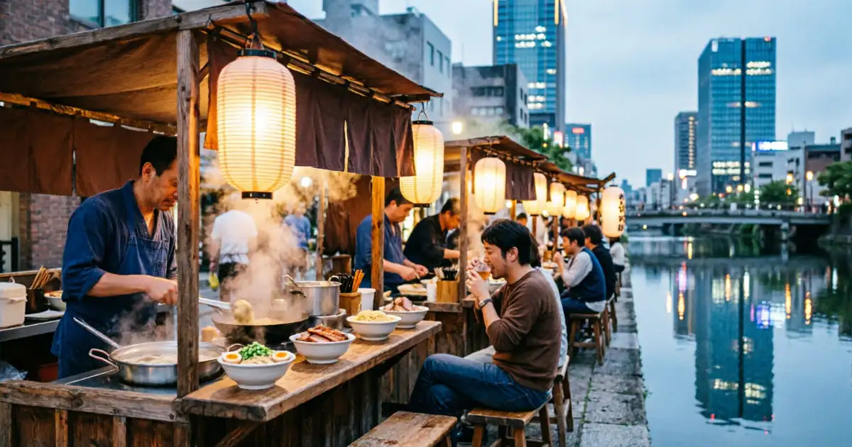 Puestos de comida y ambiente nocturno en Fukuoka