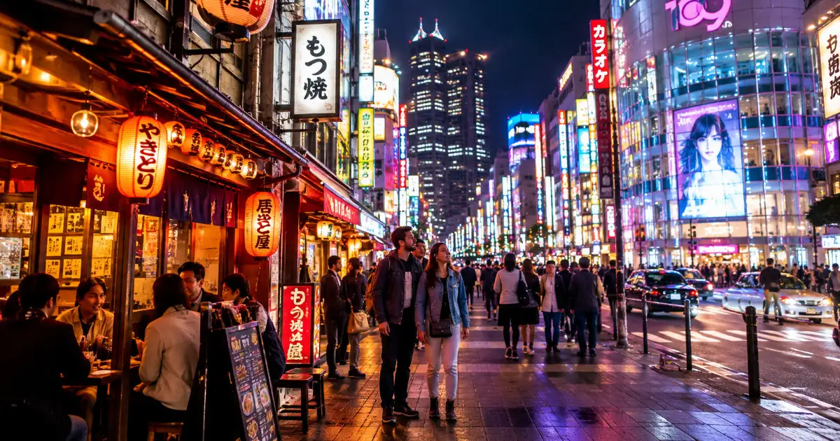 Tokio de noche iluminado con neones, bares y vida nocturna