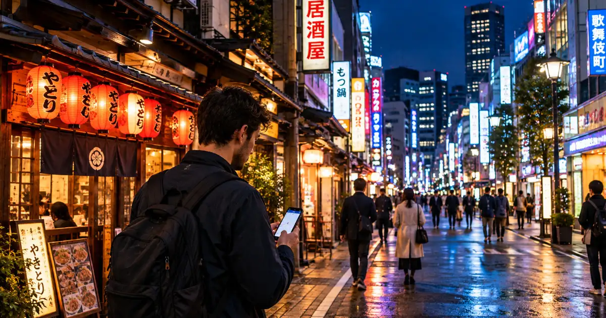 Calle de Tokio de noche con peatones y establecimientos iluminados