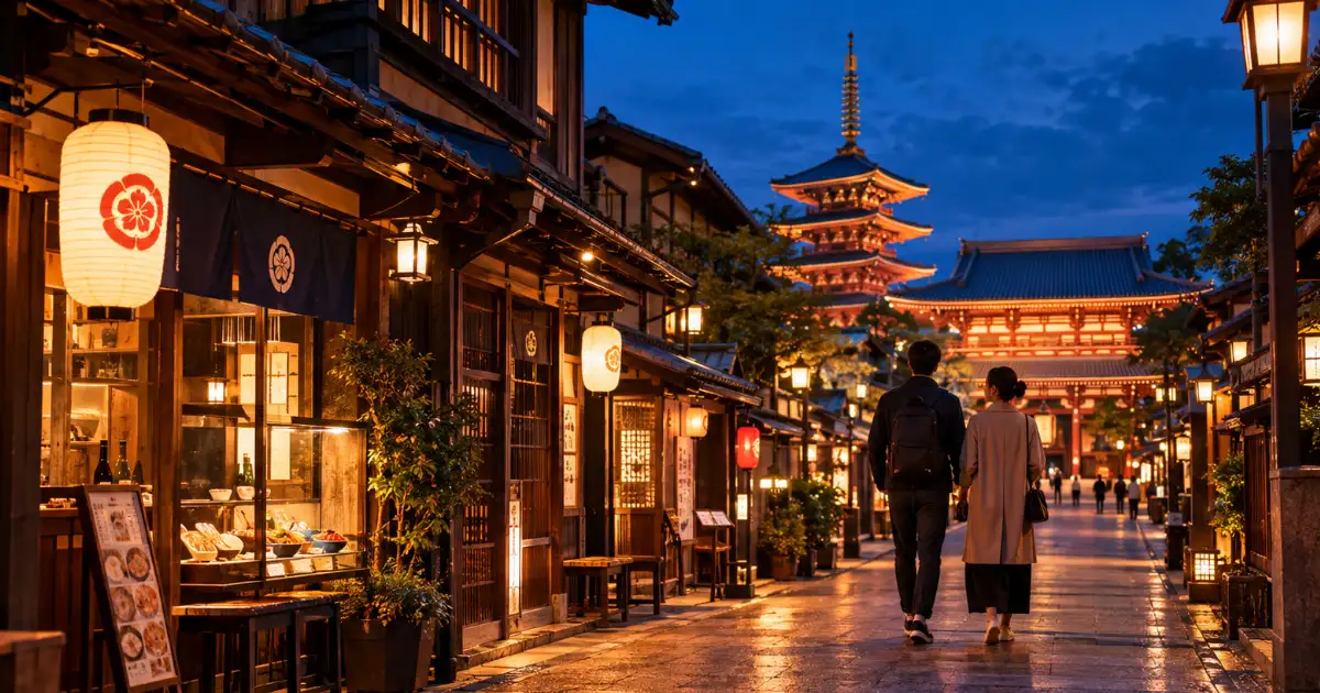Tokio de noche en una zona tranquila con calles iluminadas