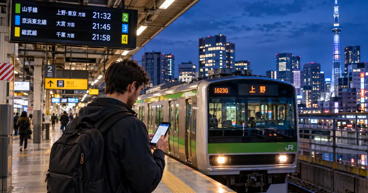 Estación de tren de Tokio de noche con pasajeros y transporte nocturno